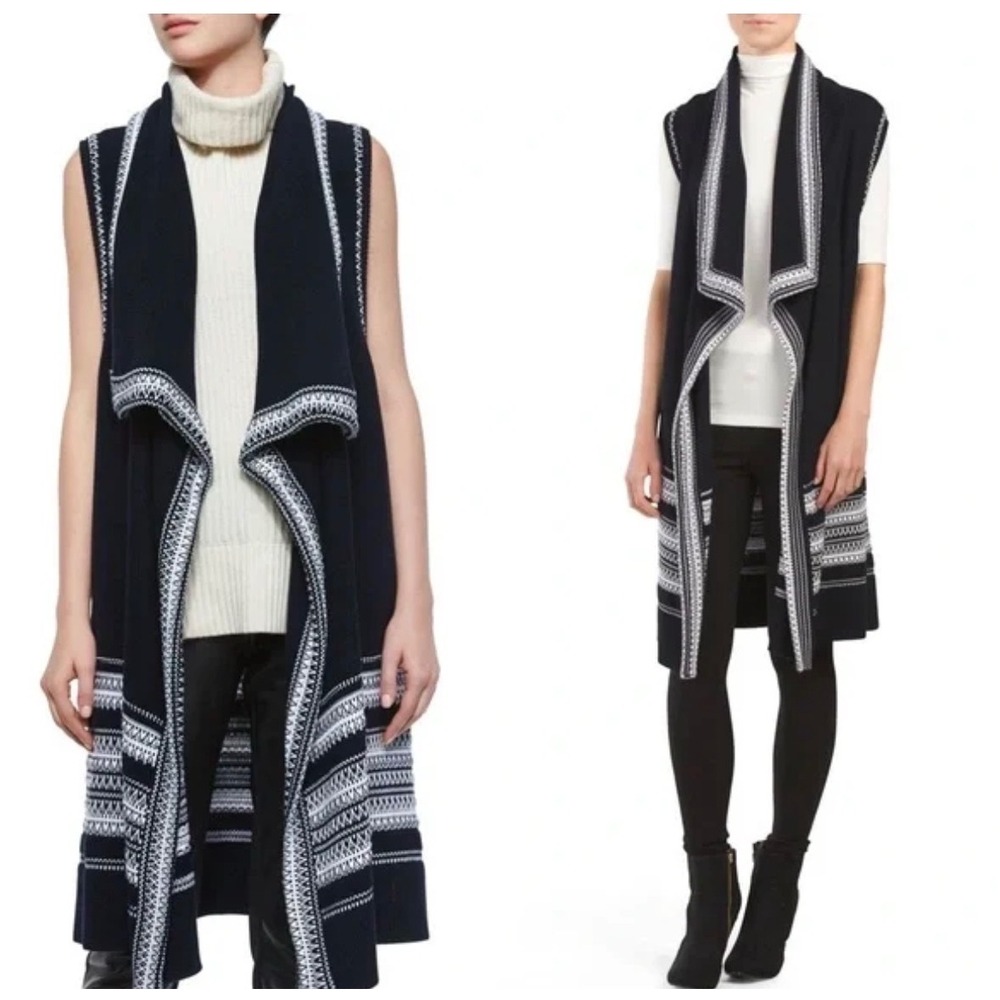 Vince Black & White 100% Cotton Drape Front Vest‎ Open Cardigan